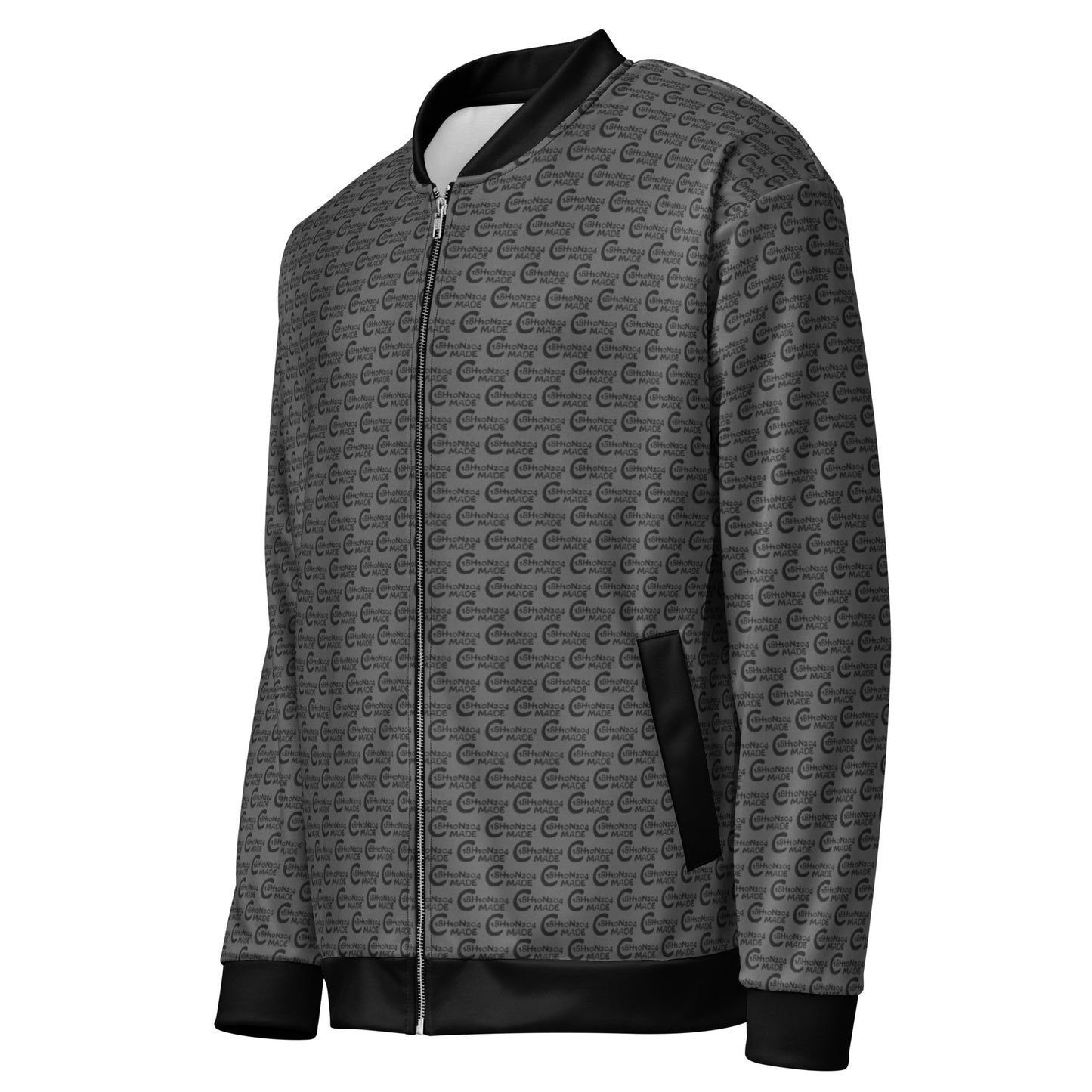 Melanin Made Steel Gray Unisex Bomber Jacket with all-over repeating pattern, featuring a zip front, black ribbed collar, cuffs, and hem, designed for stylish melanin fashion.