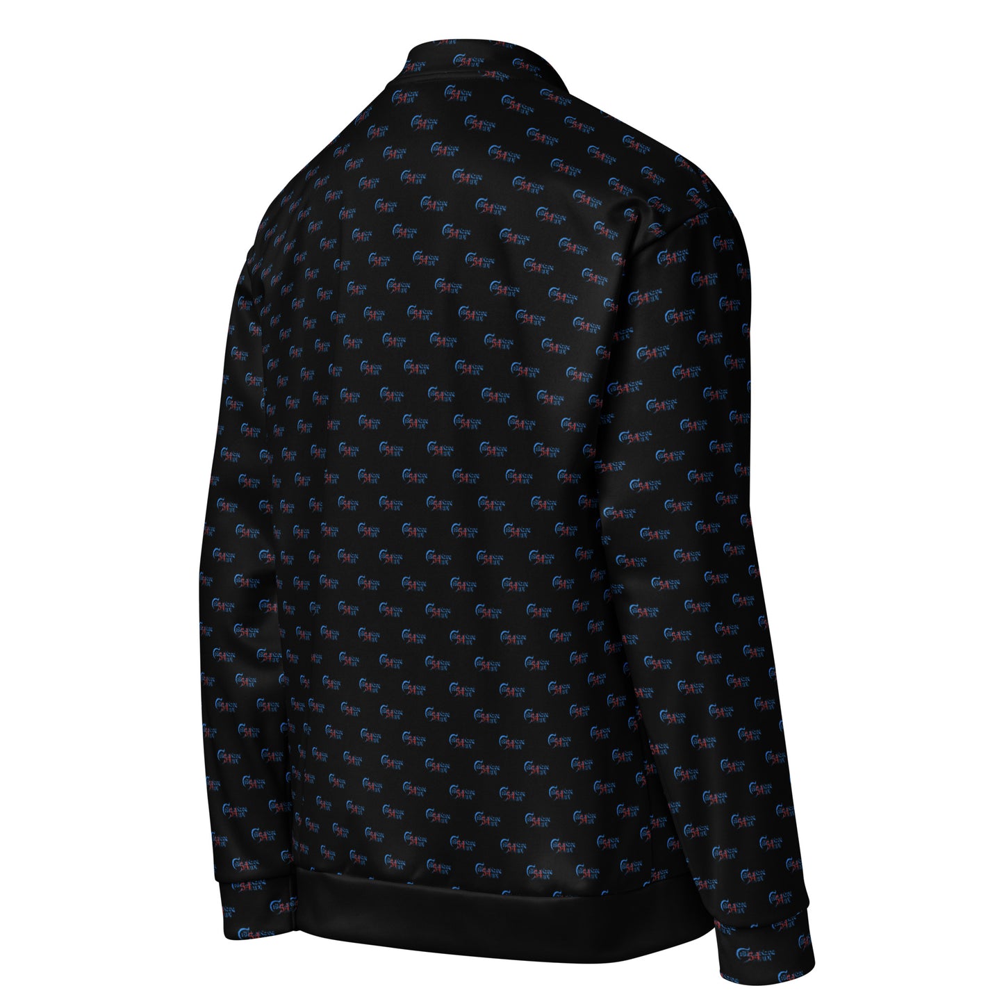 Back view of a black Melanin Made Unisex Bomber Jacket featuring an all-over subtle repeating pattern, blending melanin-rich imagery with fashion-forward design.