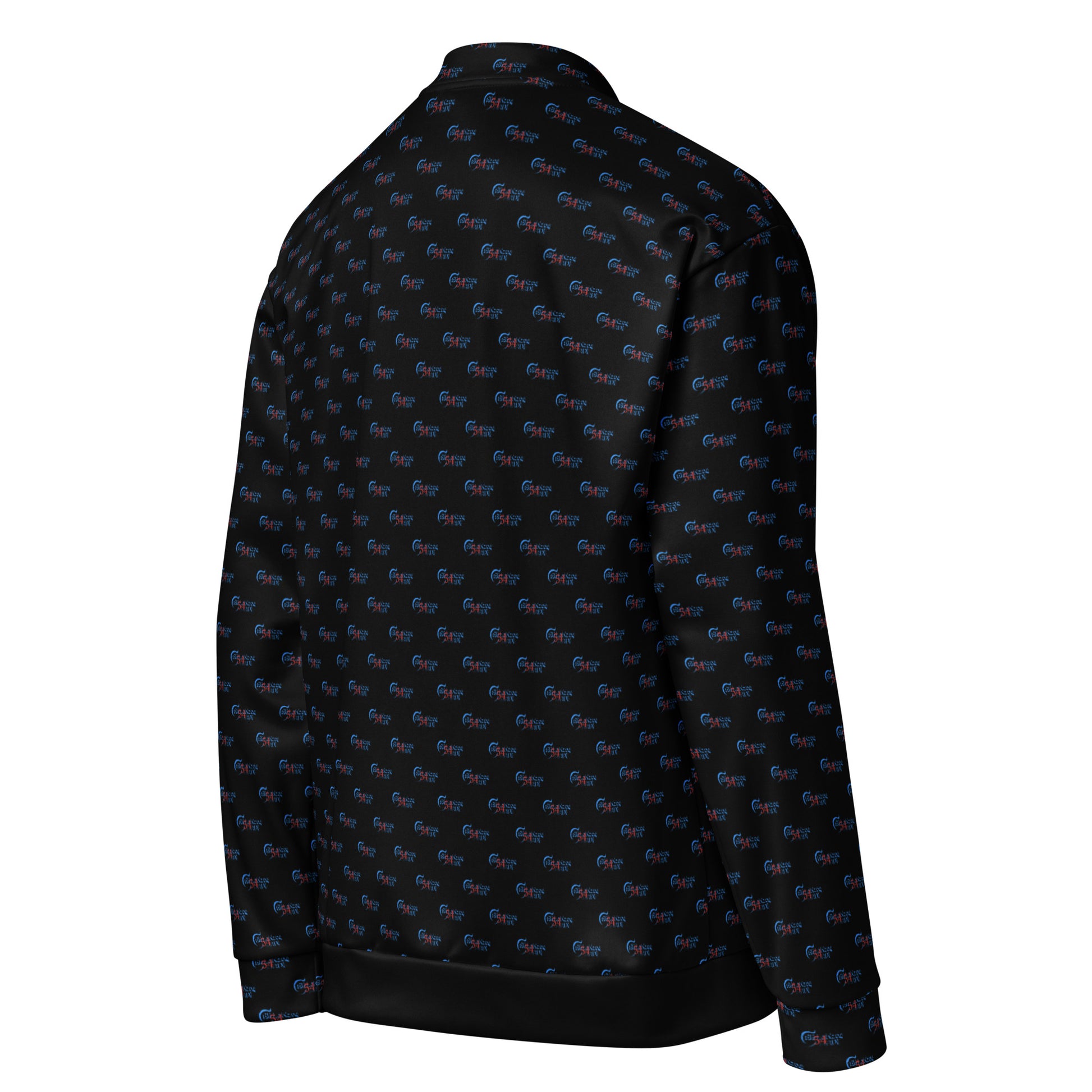 Back view of a black Melanin Made Unisex Bomber Jacket featuring an all-over subtle repeating pattern, blending melanin-rich imagery with fashion-forward design.