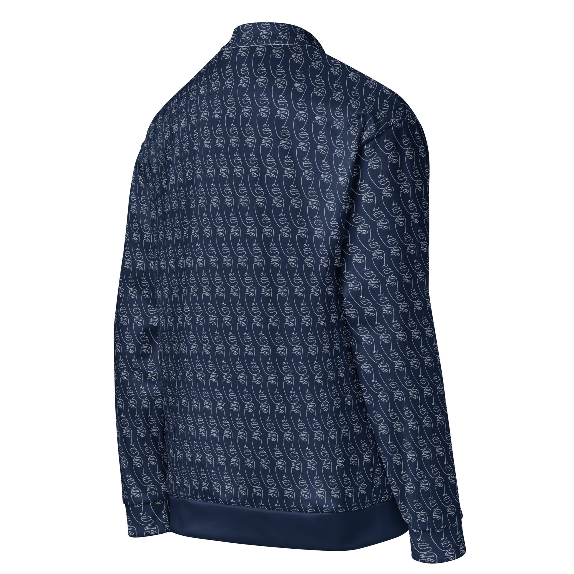 Back view of a navy blue Ancestral Faces Unisex Bomber Jacket featuring a subtle all-over abstract face pattern in a slightly lighter shade, designed for comfortable, stylish wear.