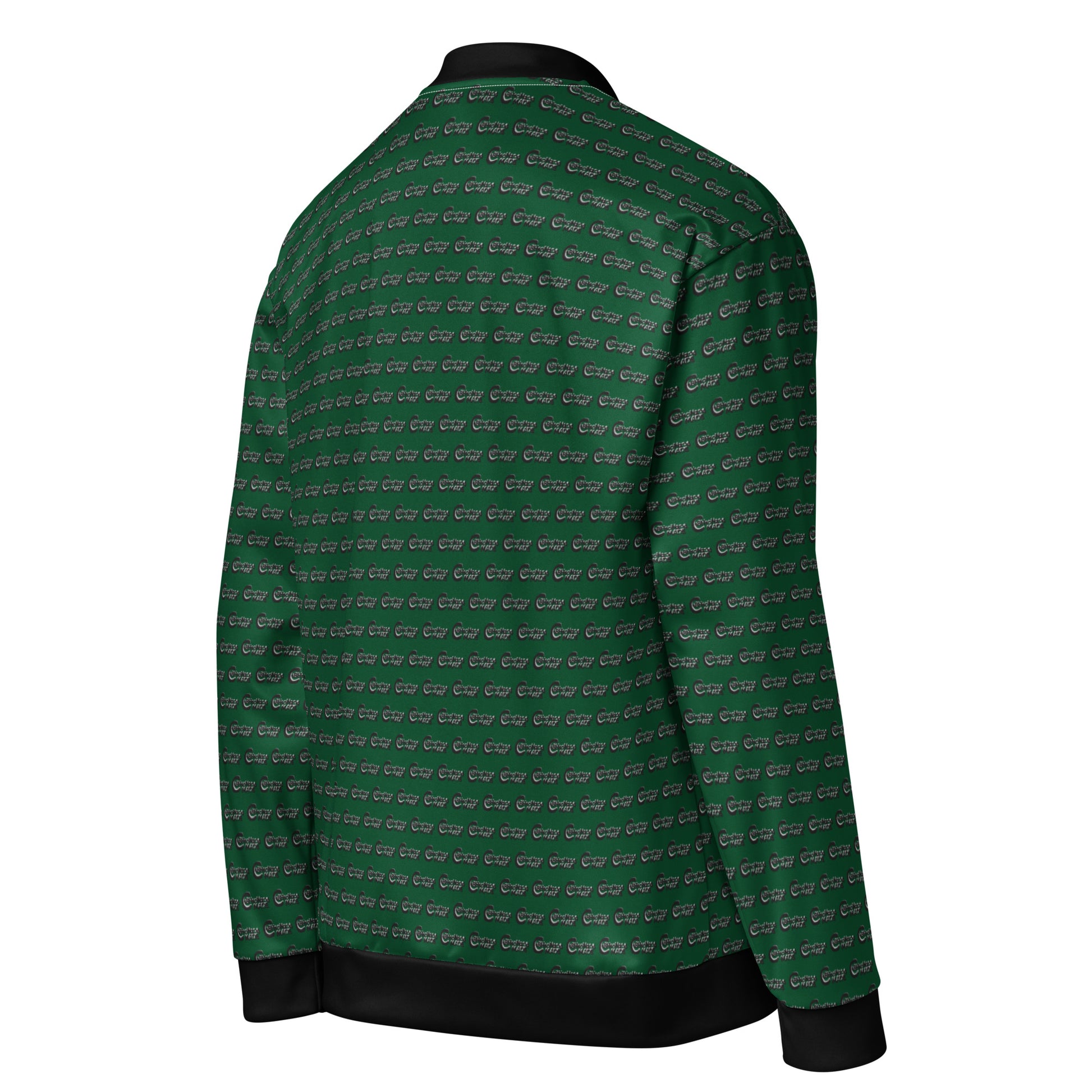 Back view of Melanin Made Green Unisex Bomber Jacket featuring all-over patterned green fabric with black collar, cuffs, and hem, showcasing melanin-rich fashion style.