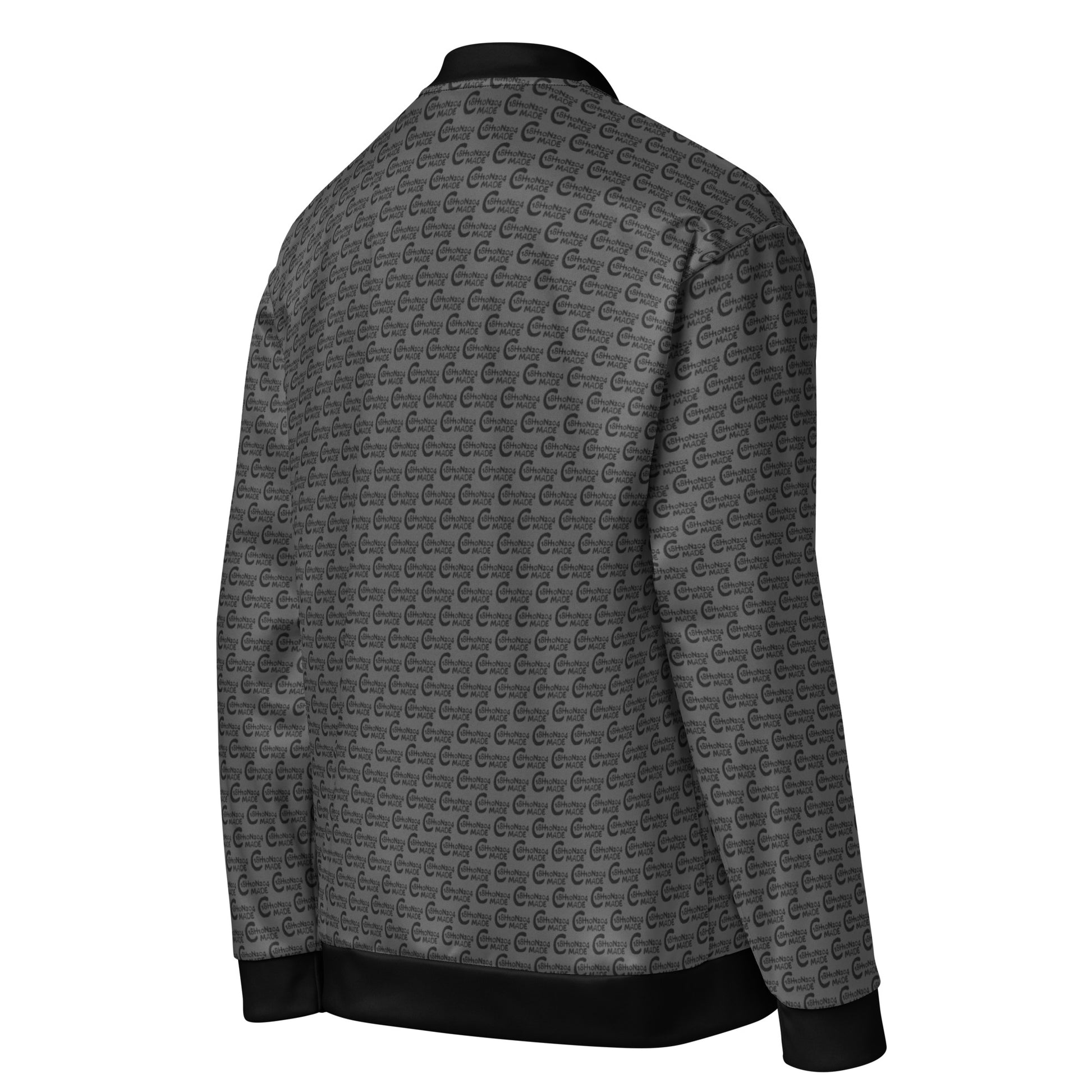 Back view of a Melanin Made Steel Gray Unisex Bomber Jacket featuring an all-over subtle patterned print with black cuffs, collar, and hem, showcasing stylish melanin fashion apparel.