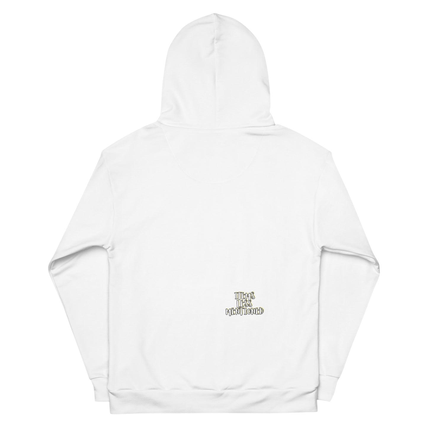 White cotton unisex hoodie featuring a small "Hoodie – Let Karma Handle It" text design on the back, showcasing faith-inspired apparel with purpose-driven messaging.