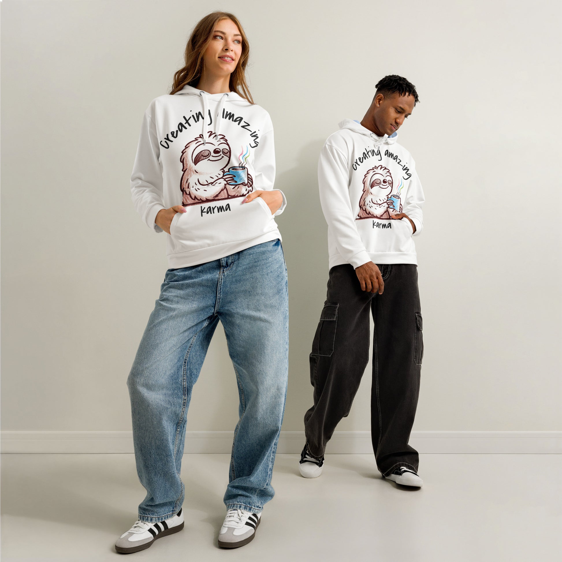 Two models wearing white Hoodie – Let Karma Handle It featuring a relaxed sloth graphic and phrase "Creating Amazing Karma," styled with casual jeans and cargo pants in a minimalist setting inspiring purpose-driven faith apparel.