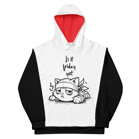 Is It Friday Yet? Bandaged Cat Unisex Cotton Hoodie featuring a tired cartoon cat illustration on a white front with black sleeves and a red hood interior, casual apparel.