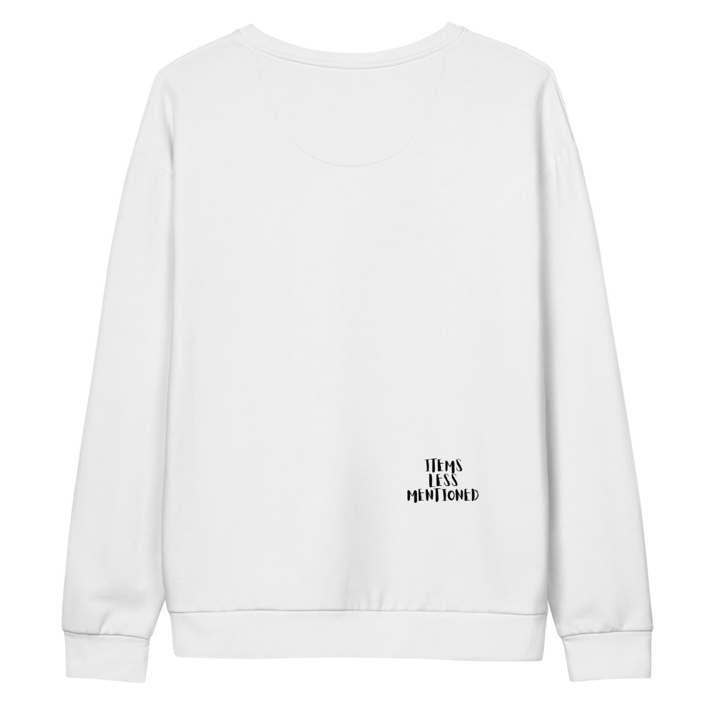White Groovy Baby Sweatshirt with long sleeves and ribbed cuffs, featuring a small "Items Less Mentioned" text detail on the lower back, made from soft cotton fabric.