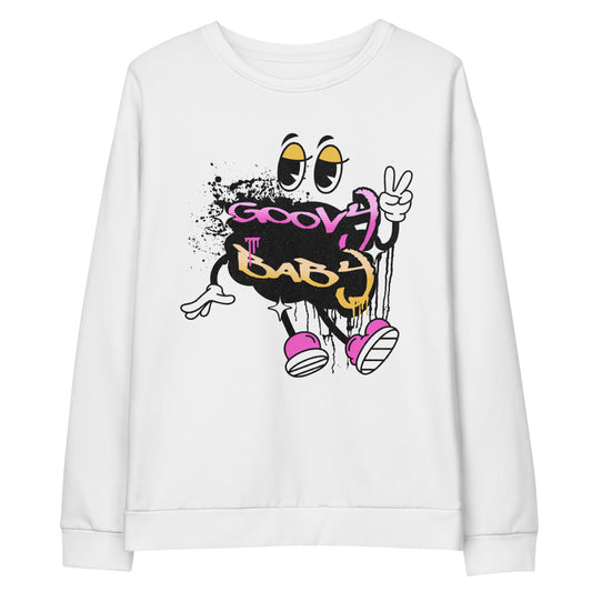 White unisex cotton sweatshirt featuring a colorful graffiti-style character with the words Groovy Baby in pink and yellow, wearing sneakers and showing a peace sign, Groovy Baby Sweatshirt.