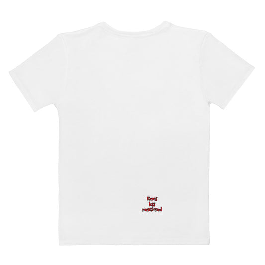 Back view of a white cotton crew neck I Yahweh Women's T-Shirt featuring a small red text design near the bottom, combining faith-inspired apparel with purpose-driven messaging.