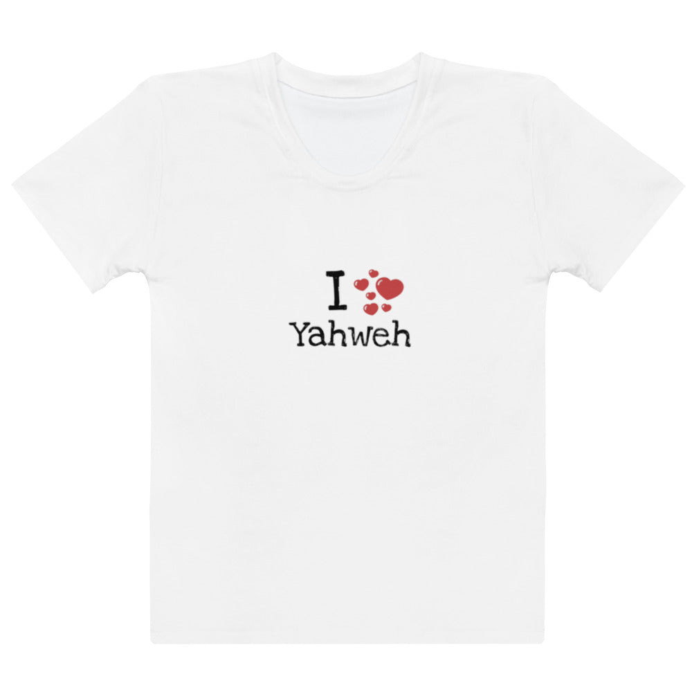 White cotton crew neck I Yahweh Women's T-Shirt featuring a simple design with red hearts and faith-inspired messaging celebrating purpose-driven apparel and inspirational gifts.