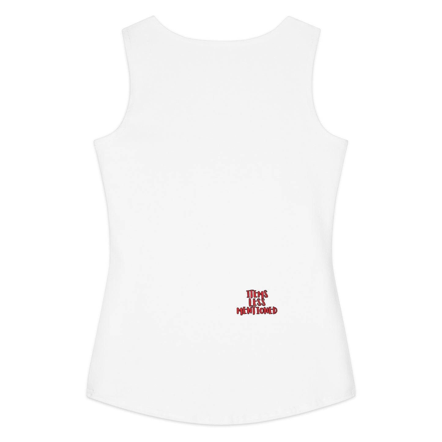 White sleeveless cotton tank top with a small red "Items Less Mentioned" logo near the lower back, called Kicks Over Everything Tank