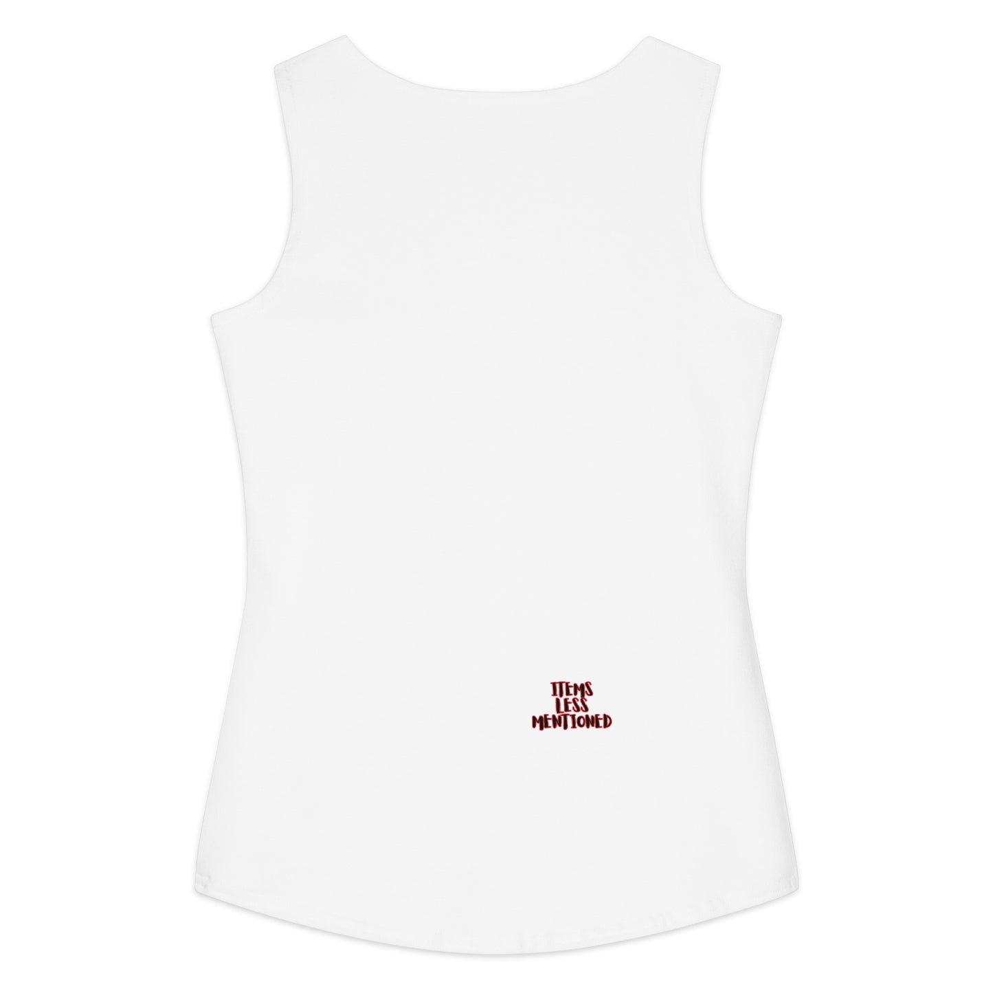Back view of a white cotton tank top featuring a small "Items Less Mentioned" logo near the bottom, part of the "I Need My Flipping Joe Tank" collection.