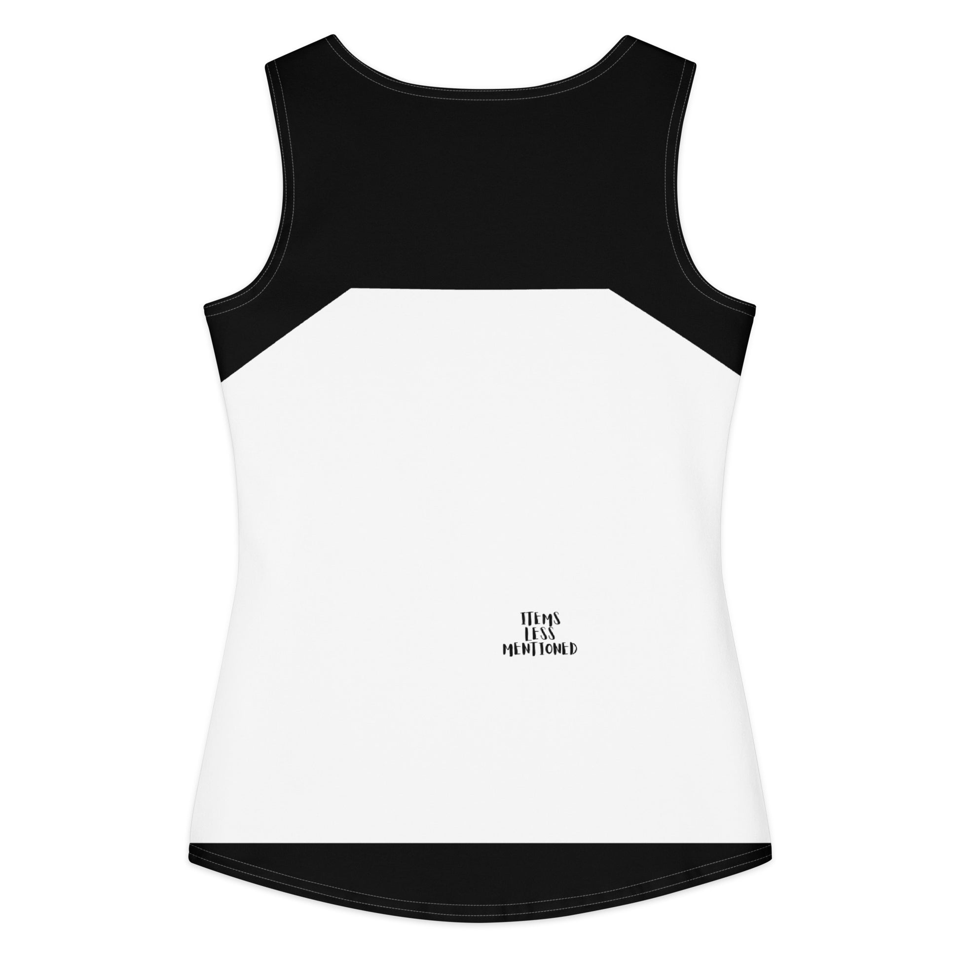 Back view of a black and white Got God Tank featuring a color block design and a small Items Less Mentioned logo near the hem, showcasing faith-inspired apparel style.