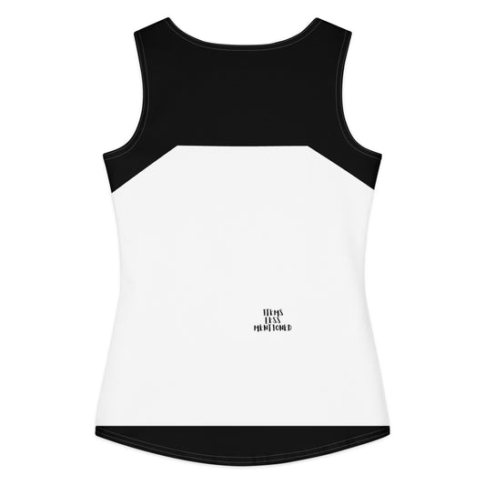 Back view of a black and white Got God Tank featuring a color block design and a small Items Less Mentioned logo near the hem, showcasing faith-inspired apparel style.