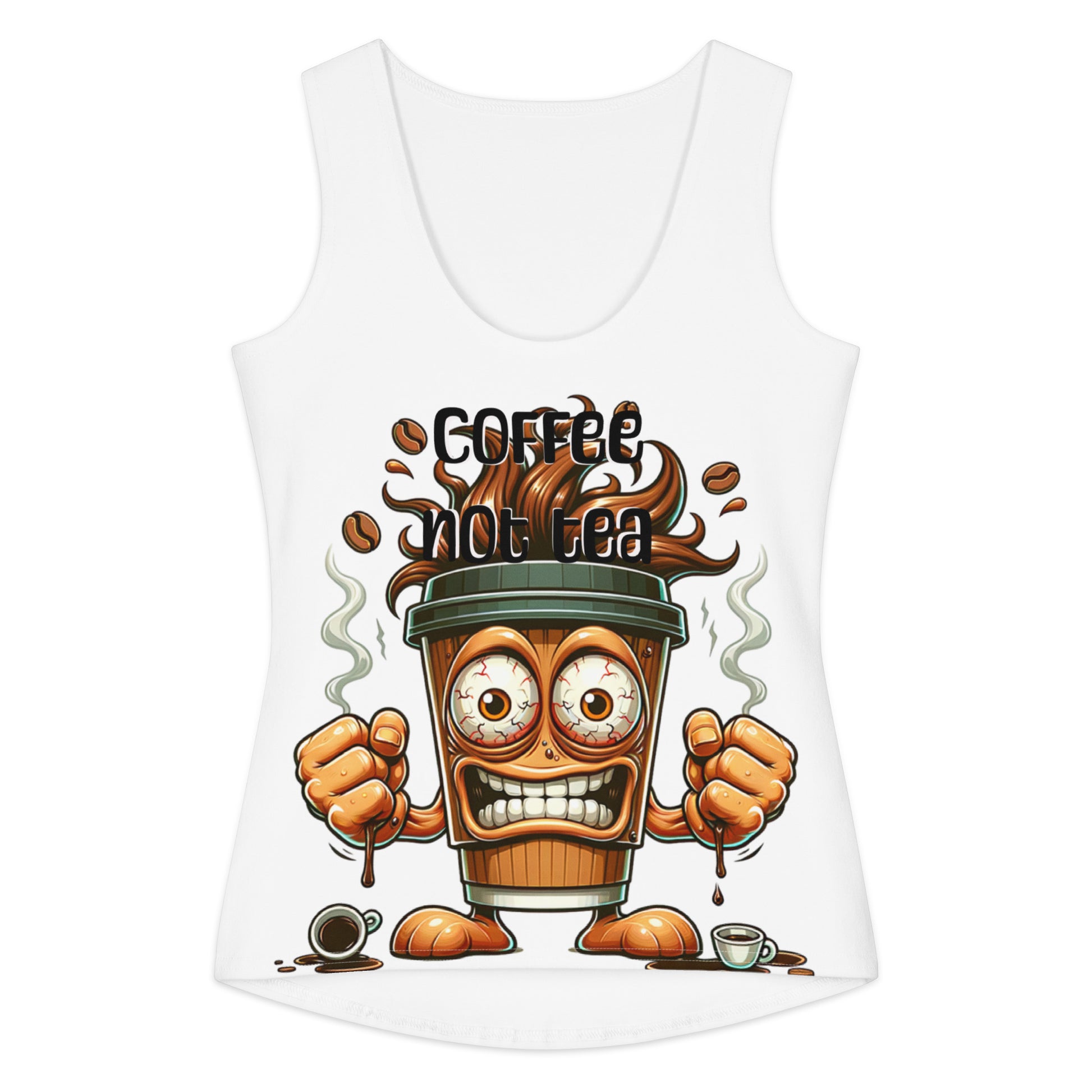 White cotton sleeveless tank top featuring a cartoon coffee cup with expressive eyes and fists, steam rising, and the text "Fueled by Coffee, Not Tea Tank" printed on the front.