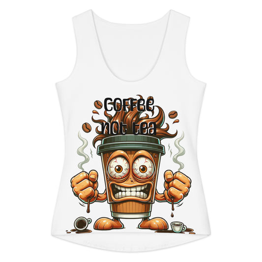 White cotton sleeveless tank top featuring a cartoon coffee cup with expressive eyes and fists, steam rising, and the text "Fueled by Coffee, Not Tea Tank" printed on the front.