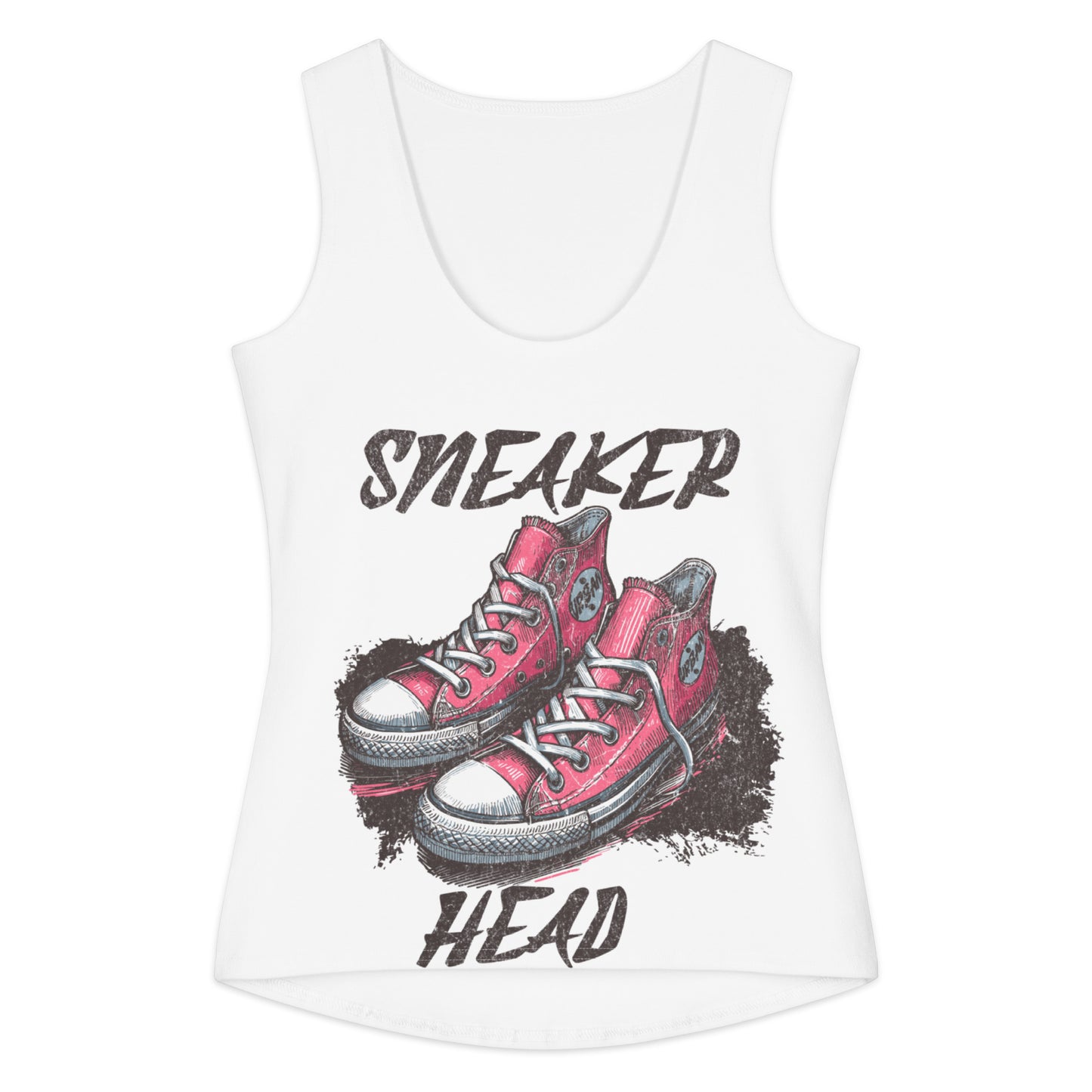 White cotton tank top featuring a graphic of red high-top sneakers with the words "Sneaker Head" in bold lettering, part of the Kicks Over Everything Tank collection.