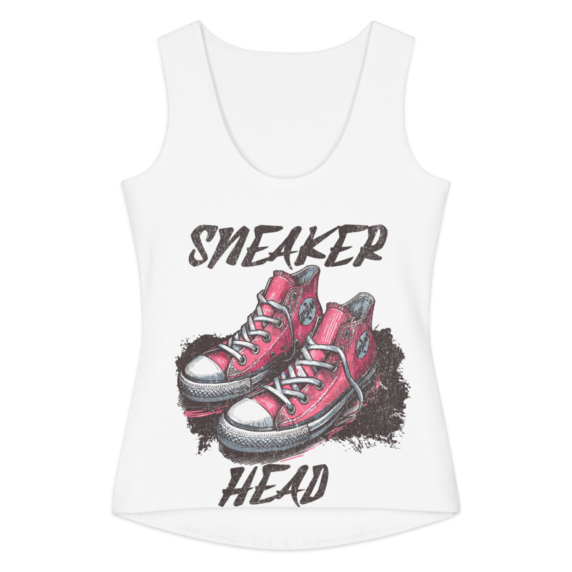 White cotton tank top featuring a graphic of red high-top sneakers with the words "Sneaker Head" in bold lettering, part of the Kicks Over Everything Tank collection.