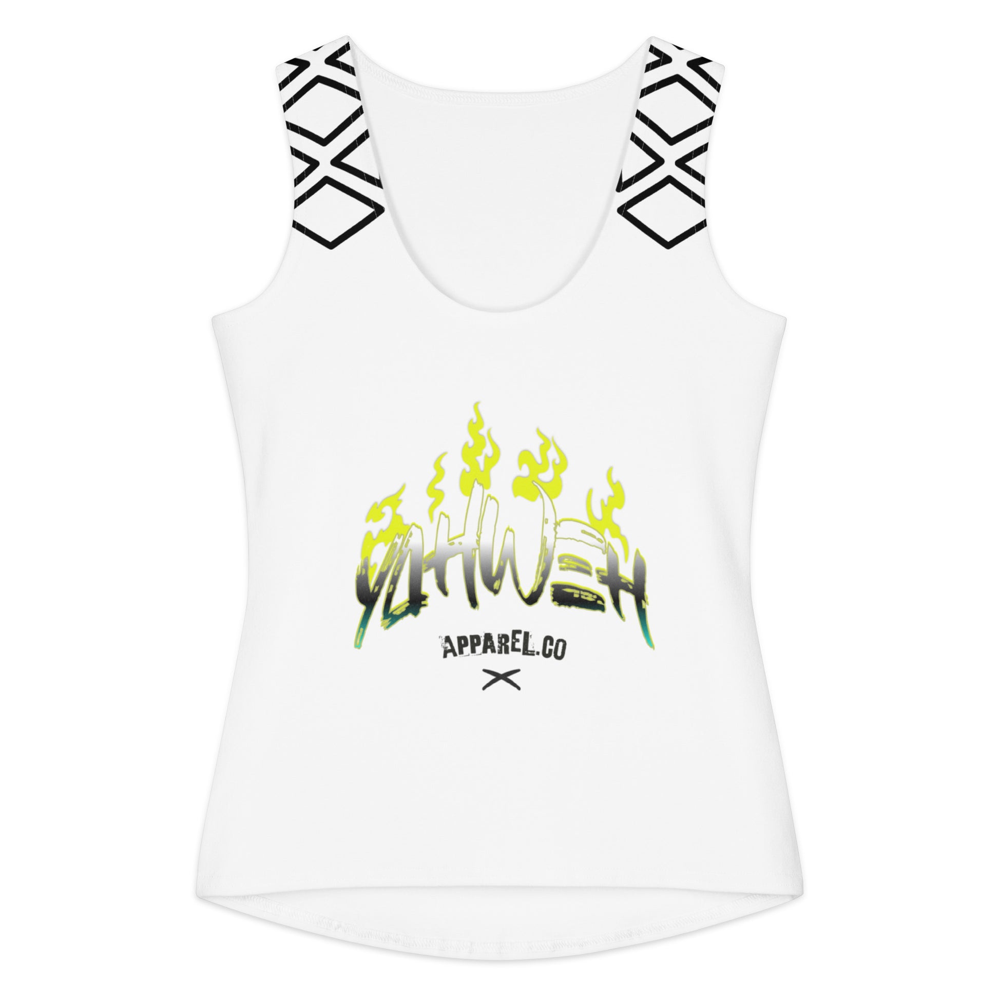 White cotton tank top with black geometric patterns on the shoulders and a vibrant "Holy Fire Tank" graphic featuring flames and bold text in the center.