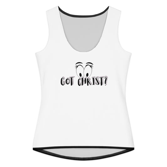White sleeveless cotton tank top with black trim featuring a graphic of expressive eyes and the text "Got Christ?" centered on the front, called Got God Tank.