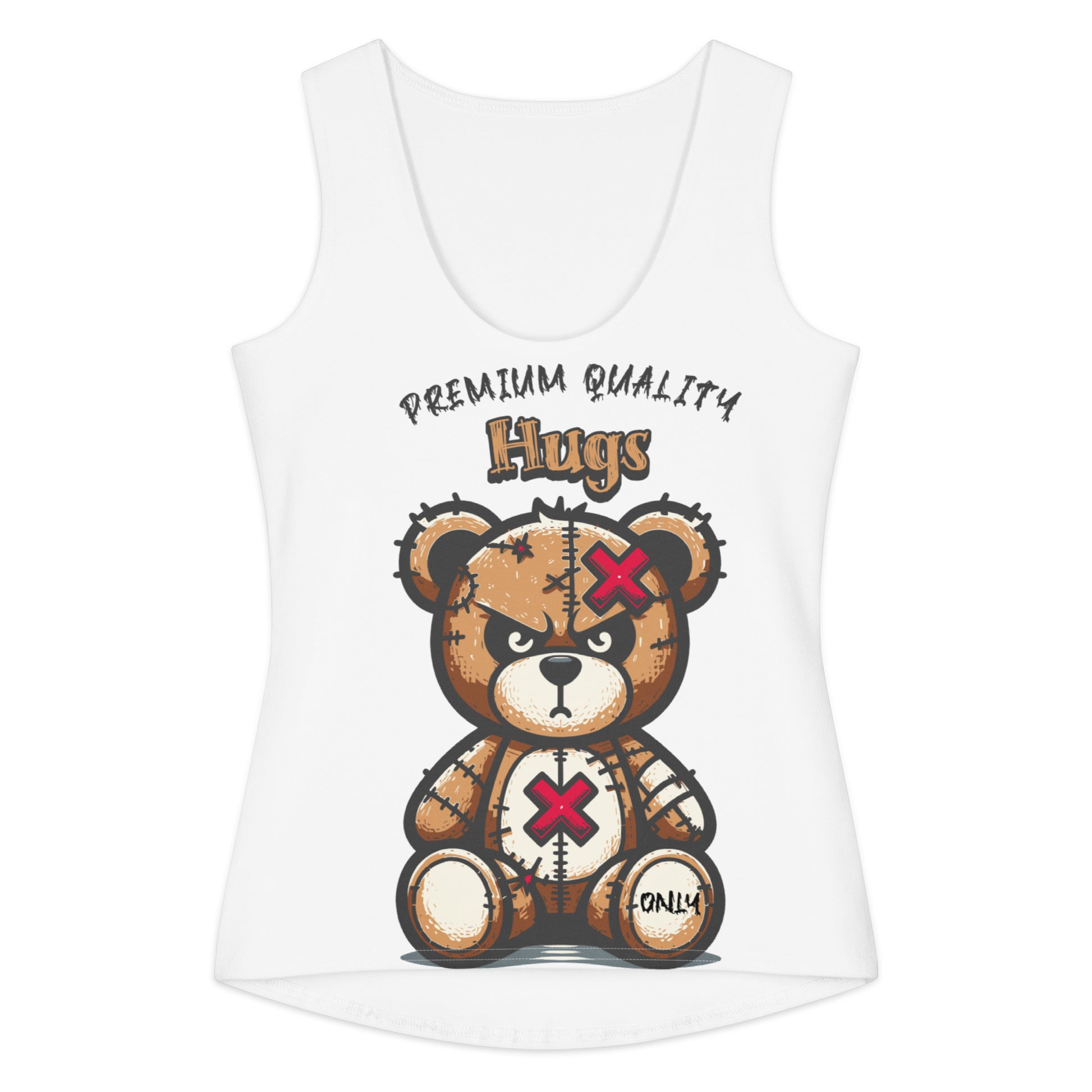 White cotton tank top featuring a distressed teddy bear graphic with stitched details and red Xs, accompanied by the text "Premium Quality Hugs," titled Hug at Your Own Risk Tank.
