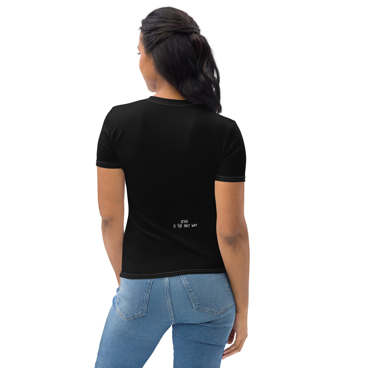 Woman wearing a black Women's T-Shirt – Christ Saves Lives for Eternity with short sleeves and crew neck, paired with blue jeans, shown from the back.