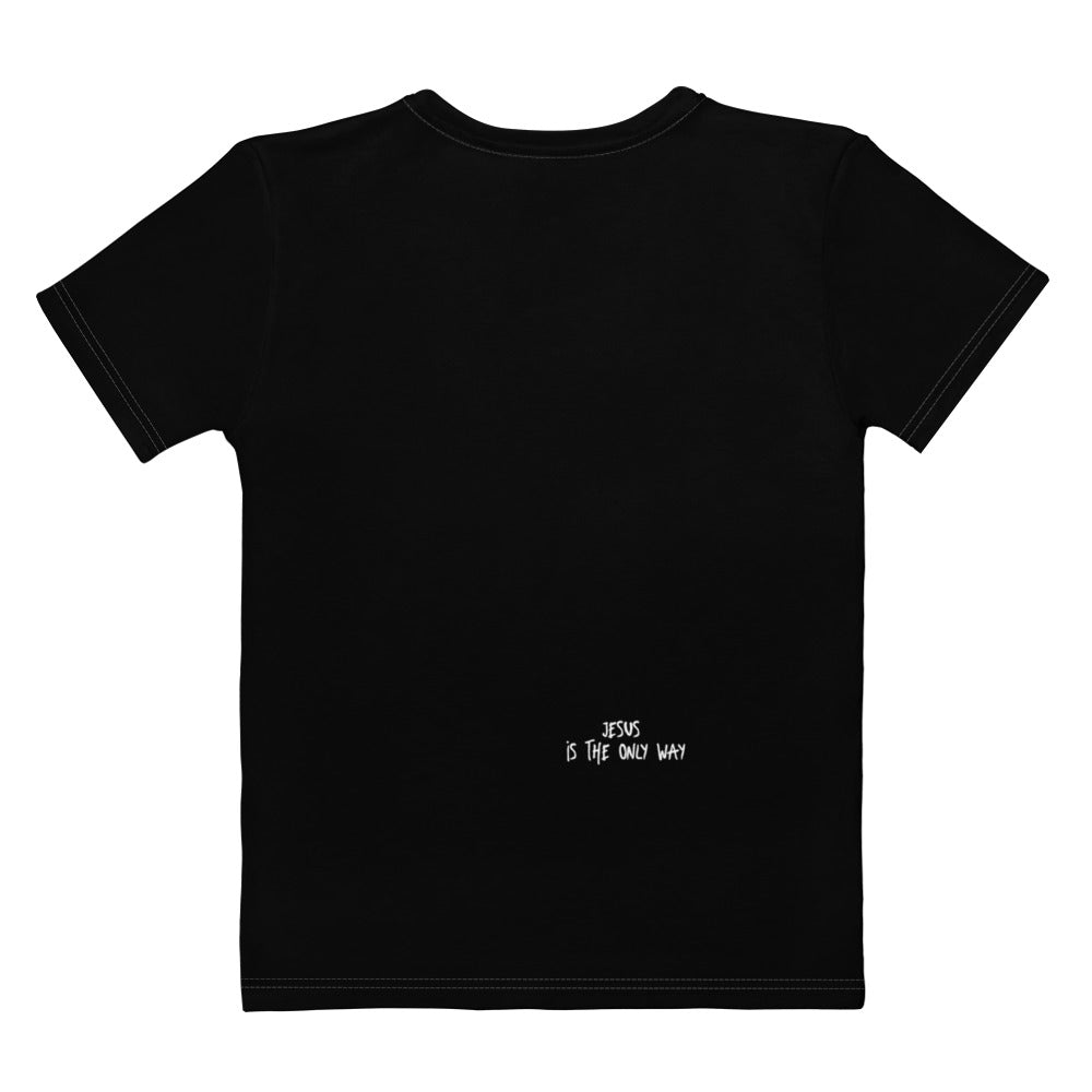 Black women's crew neck t-shirt with a small white text that reads "Jesus is the only way" near the bottom, part of the Women's T-Shirt – Christ Saves Lives for Eternity collection.