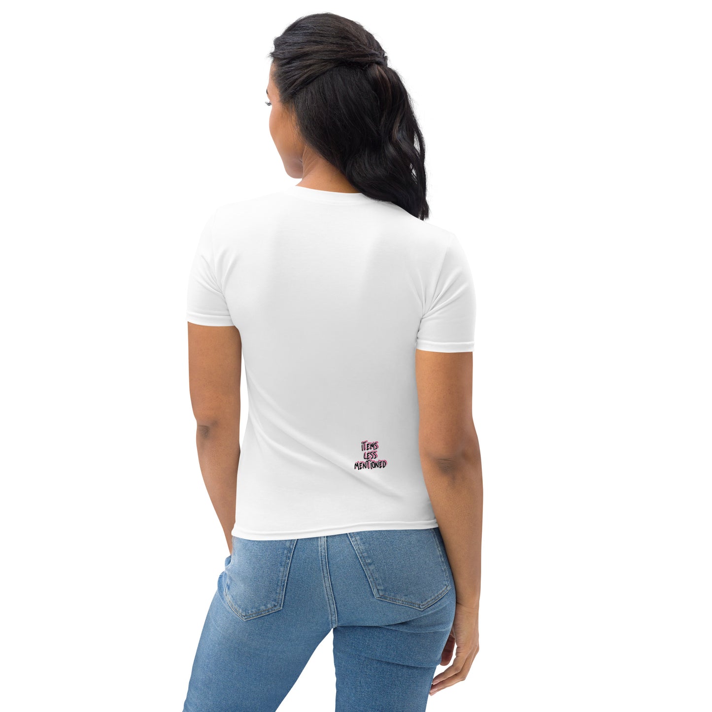 Woman wearing a white Pretty Little Things Women's T-Shirt with a small design near the lower back, paired with blue jeans, shown from the back.
