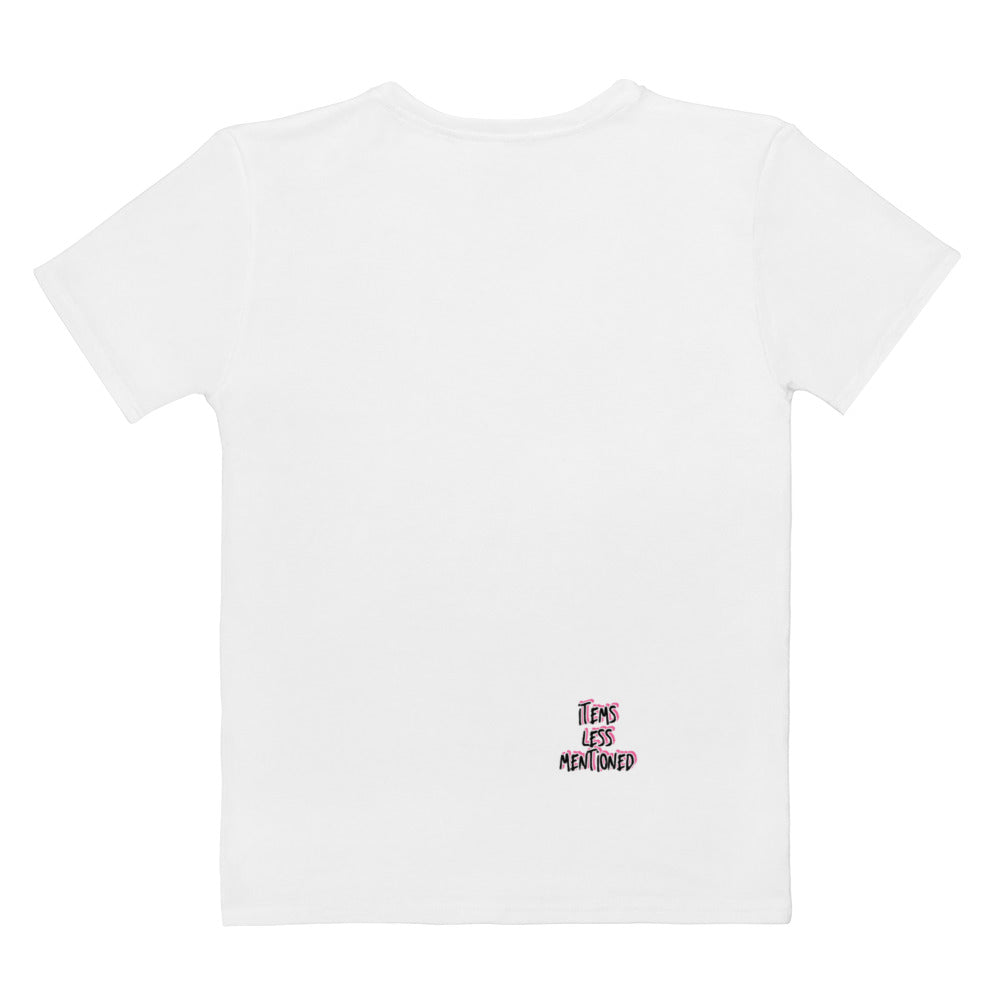White crew neck Pretty Little Things Women's T-Shirt with short sleeves and small red and black "Items Less Mentioned" text detail near the bottom hem.