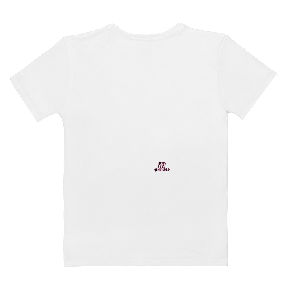 Back view of a white Afro Puff Strut Women’s T-Shirt featuring a small maroon text graphic near the bottom center of the shirt.