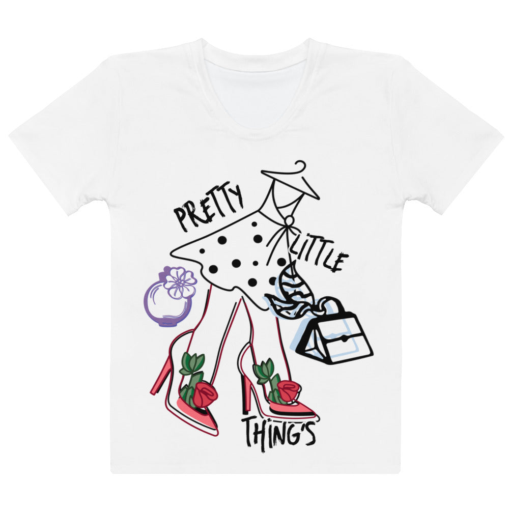 Pretty Little Things Women's T-Shirt featuring a stylish illustration of a woman in a polka dot skirt, red heels with roses, carrying a handbag and a perfume bottle in a minimal line art style.