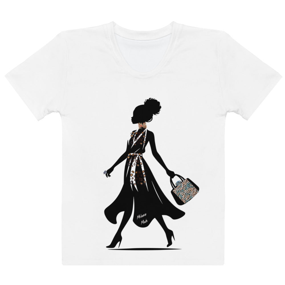 White Afro Puff Strut Women's T-Shirt featuring a stylish silhouette of a woman with an afro puff hairstyle, wearing a flowing dress and carrying a patterned handbag, embodying melanin fashion.