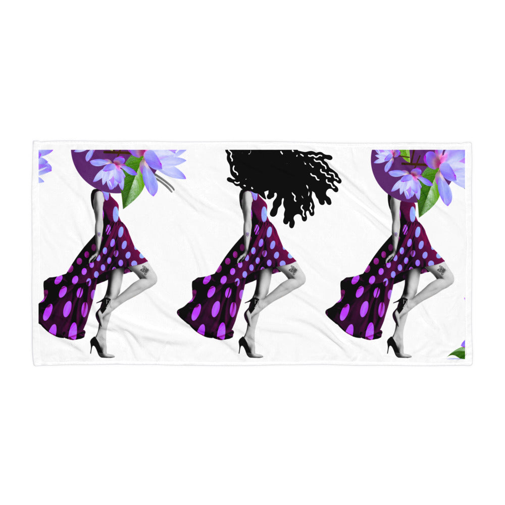White hand towel featuring repeating artwork of a confident woman in a flowing purple polka dot dress with floral headpieces, embodying purpose and style, Hand Towel – Follow the Leader.