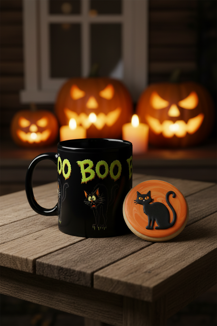 Boo Mug on Porch Table with Cookie