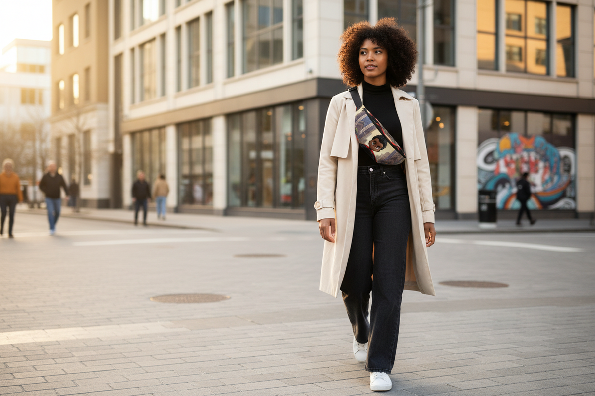 “Melanated model wearing the Cape & City fanny pack in a modern city setting.”