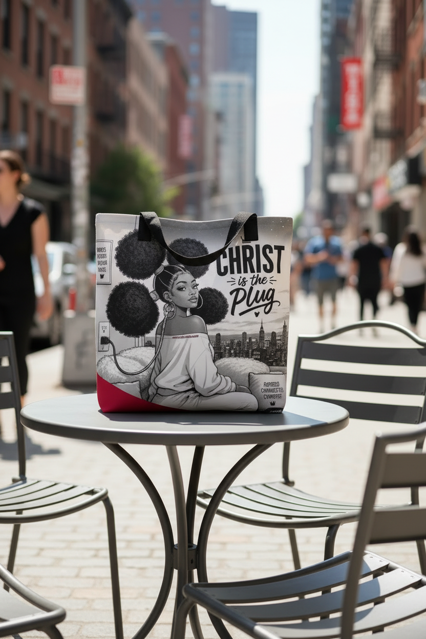 Christ Is the Plug Tote Bag — Close Up on Table