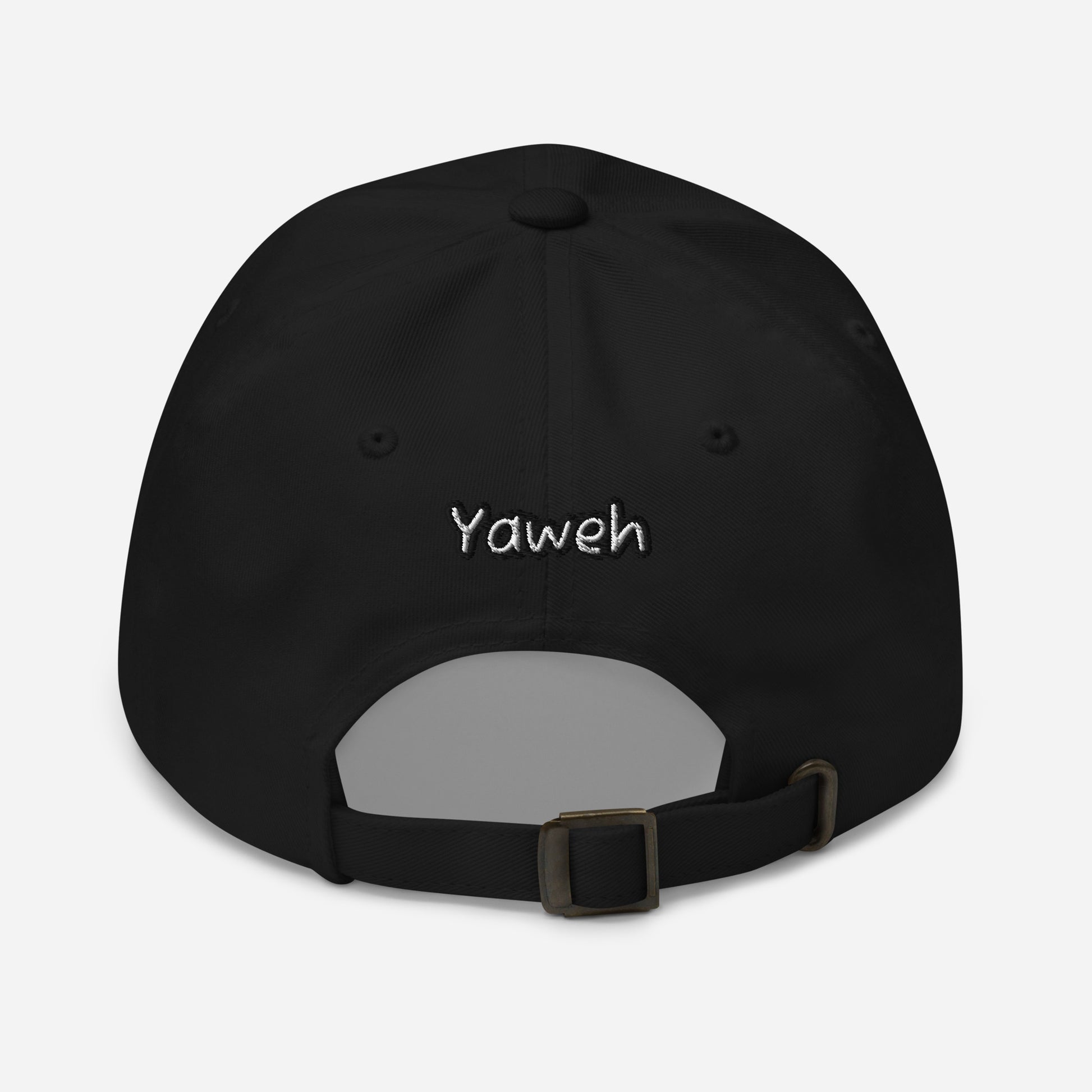 Black adjustable back view of Dad Hat – Yahweh Every Day featuring embroidered "Yahweh" text above the strap with a metal buckle closure, faith-inspired apparel.