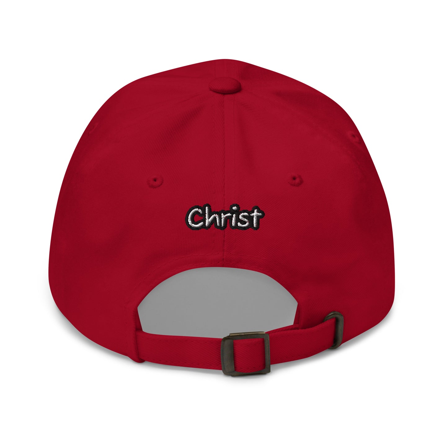 Red adjustable dad hat with embroidered "Christ" text on the back, part of the Dad Hat – A Verse a Day Keeps the Devil Away faith-inspired apparel collection.