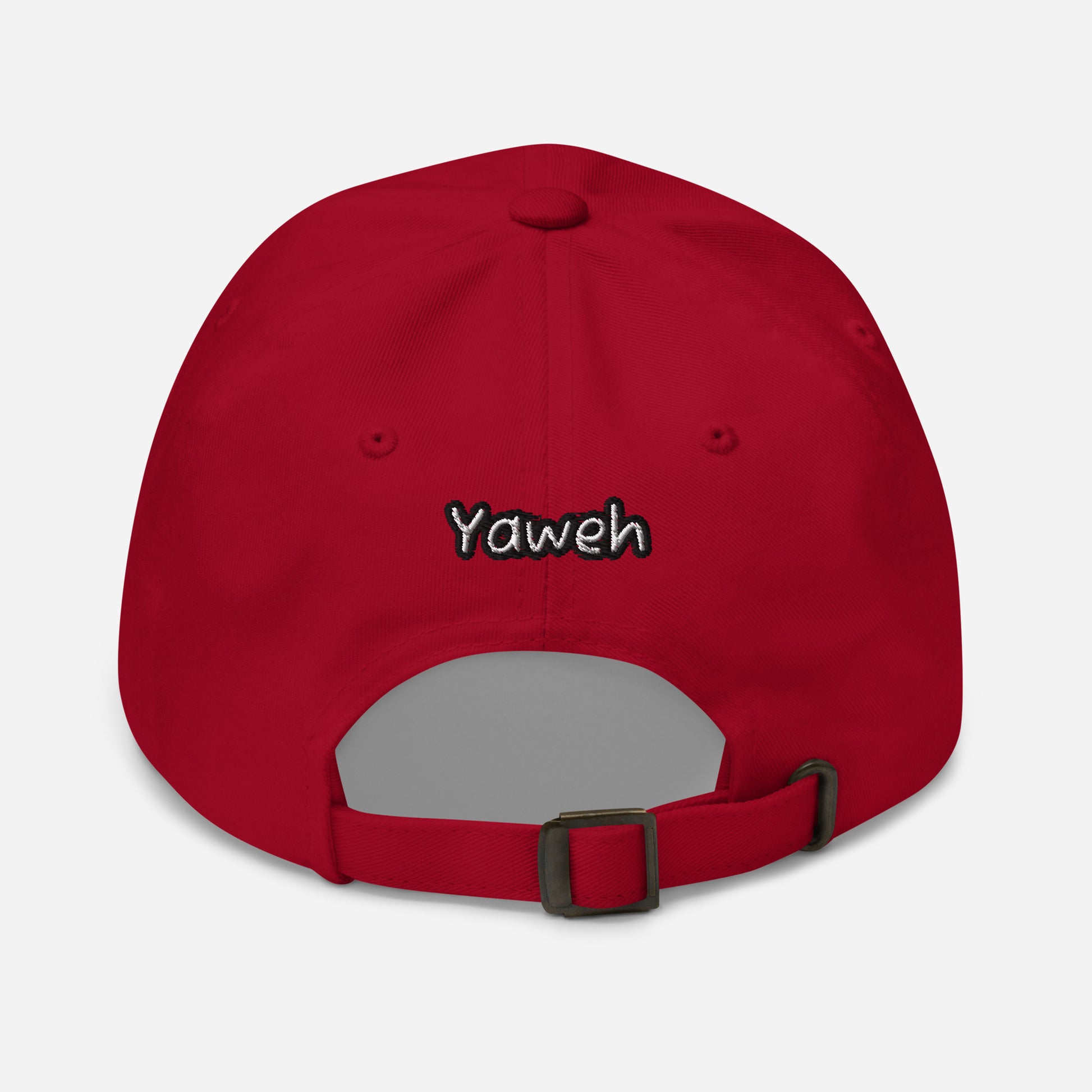 Back view of a cranberry red Dad Hat – Yahweh Every Day featuring adjustable strap and embroidered "Yaweh" text in white and black, faith-inspired apparel accessory.