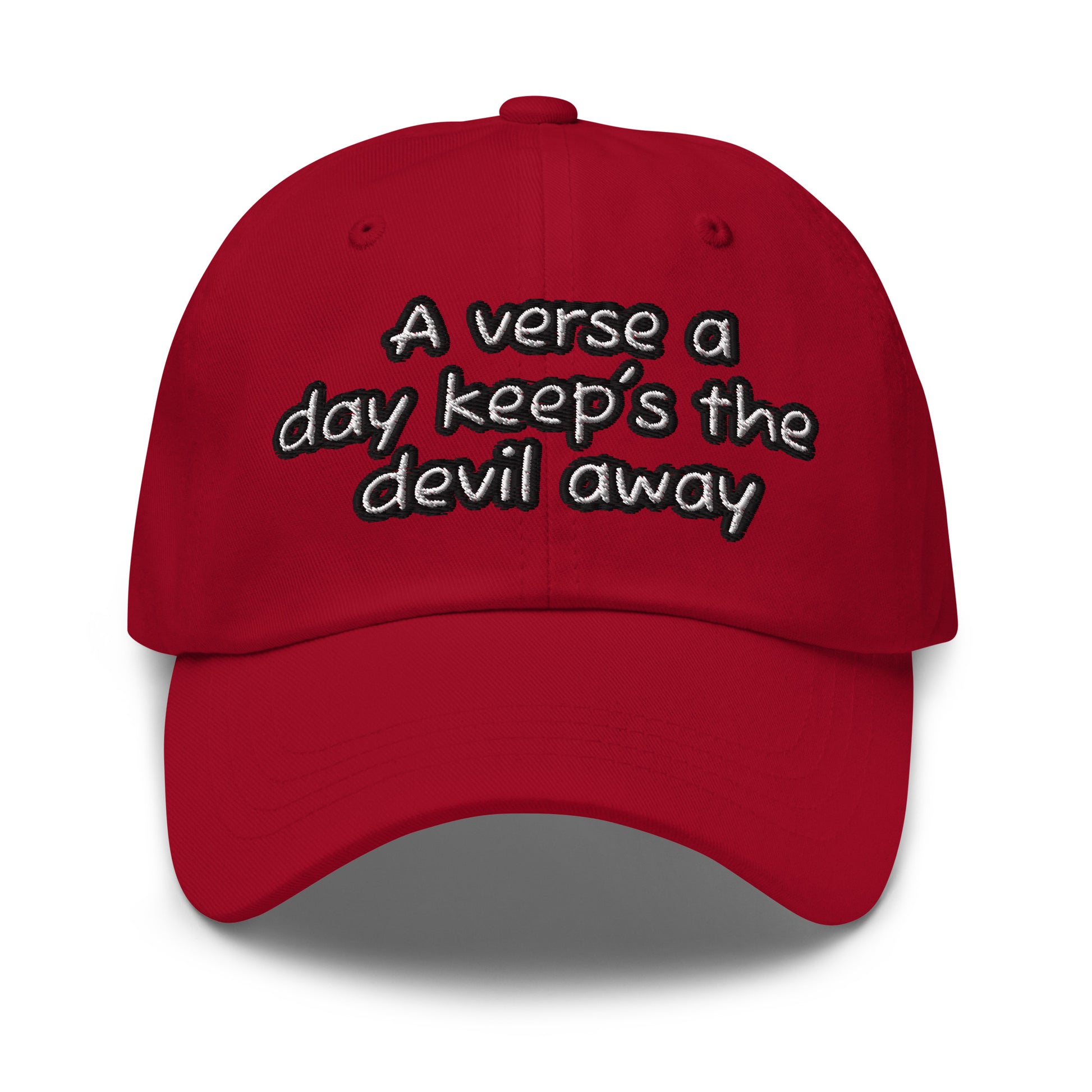 Red Dad Hat – A Verse a Day Keeps the Devil Away with embroidered white lettering, featuring a classic adjustable fit and casual style, faith-inspired apparel accessory.