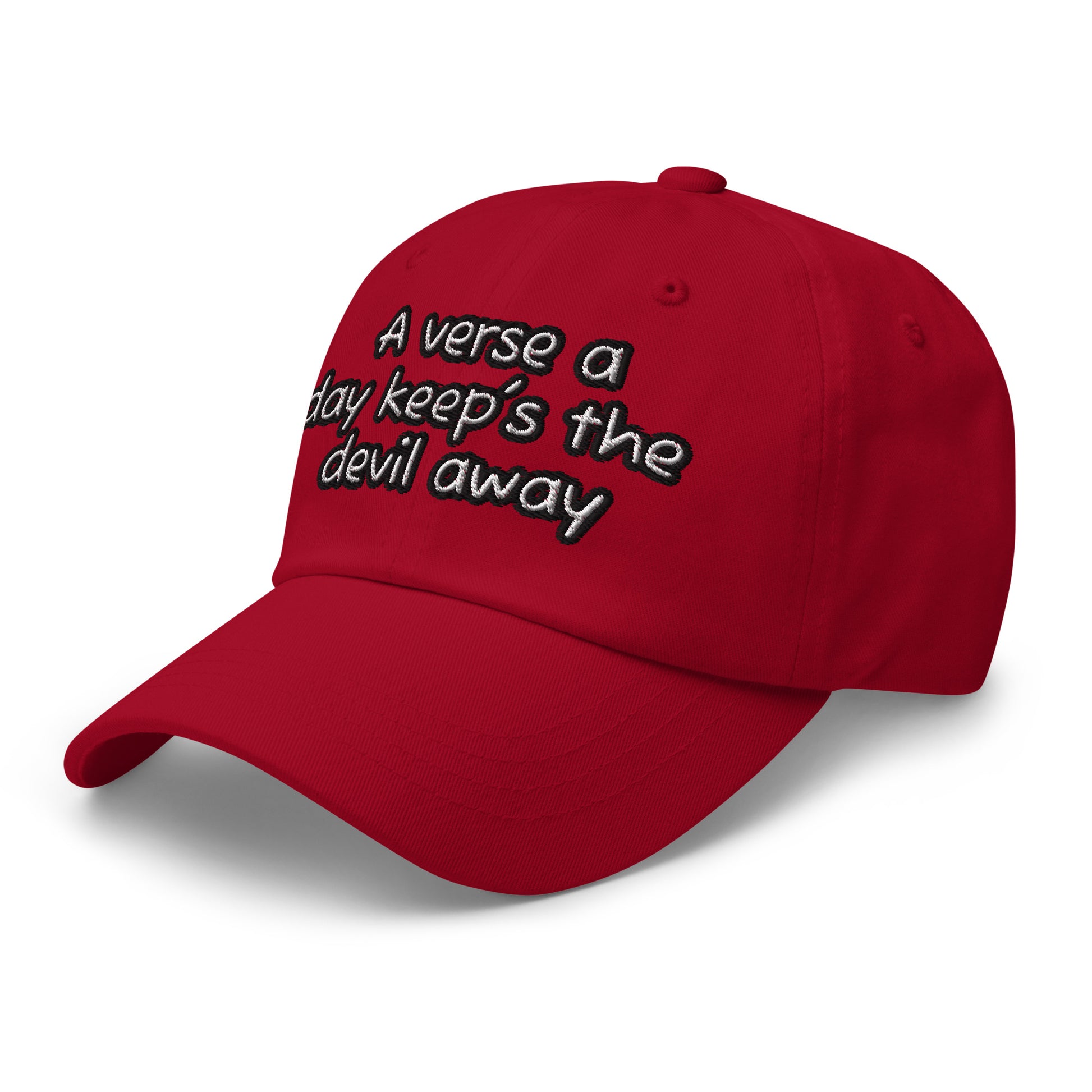 Red Dad Hat – A Verse a Day Keeps the Devil Away with curved brim and embroidered motivational faith-inspired message, casual adjustable fit for everyday wear.