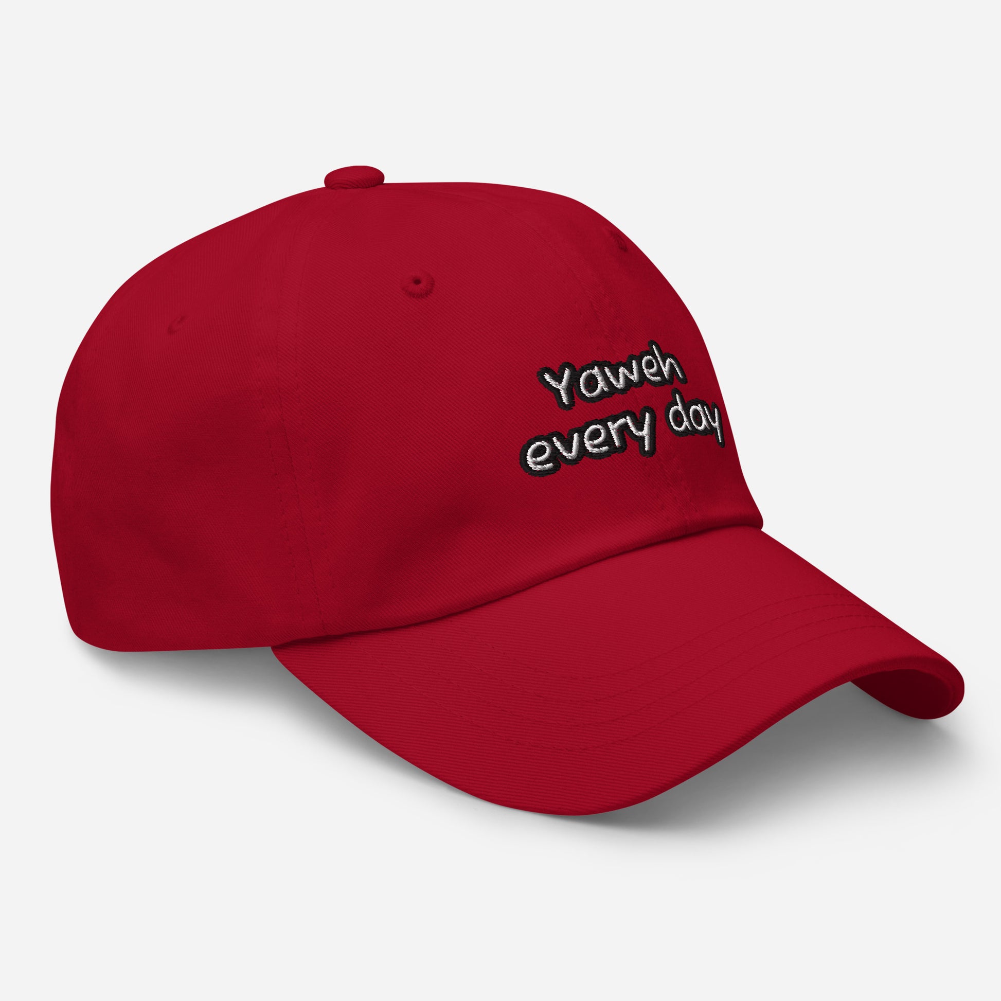 Red Dad Hat – Yahweh Every Day with embroidered white and black text, a faith-inspired casual accessory in a classic design for everyday wear.