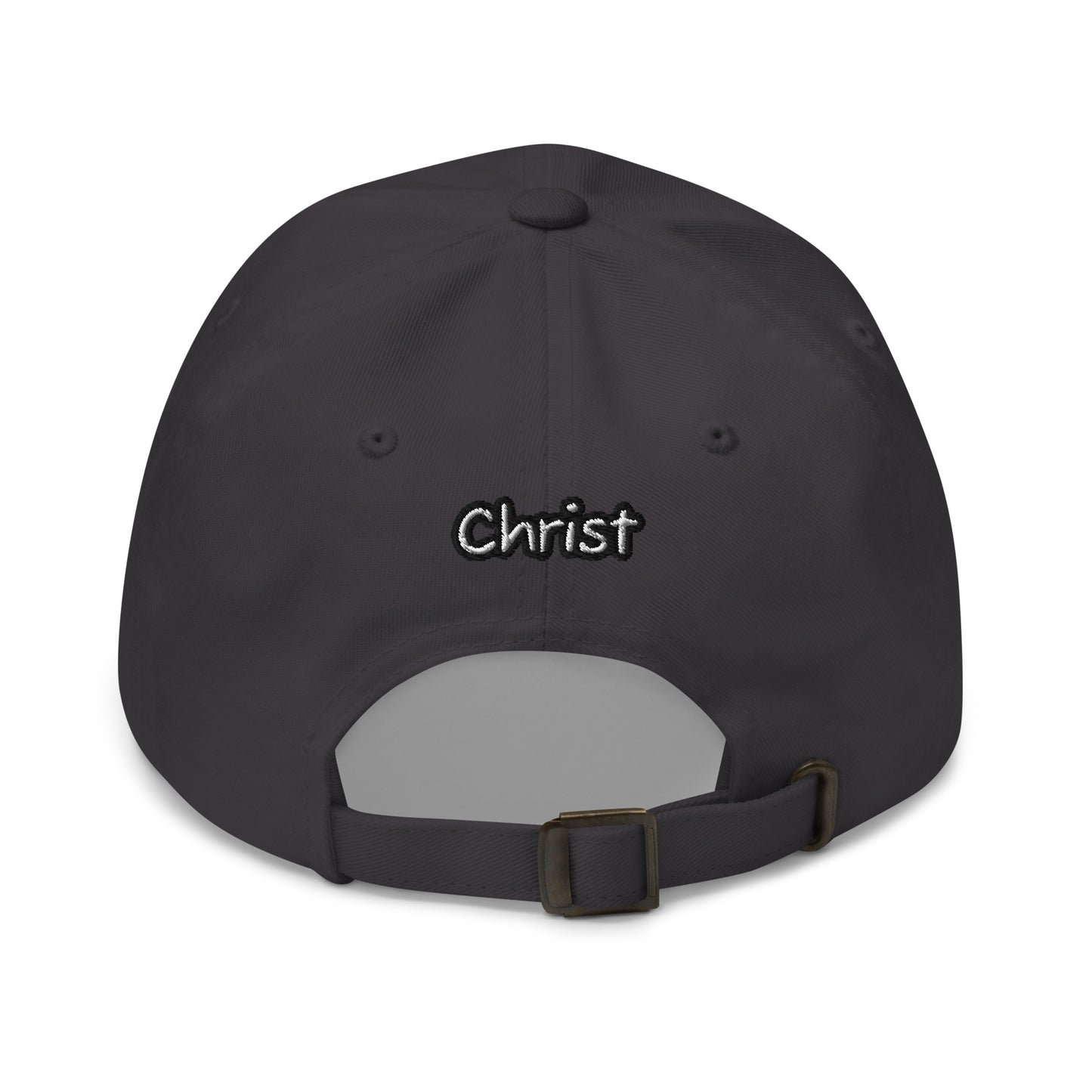 Back view of a dark grey adjustable Dad Hat – A Verse a Day Keeps the Devil Away with embroidered "Christ" text above the strap closure.