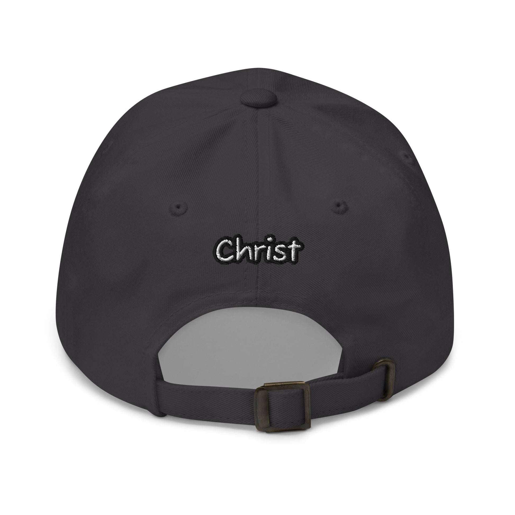 Back view of a dark grey adjustable Dad Hat – A Verse a Day Keeps the Devil Away with embroidered "Christ" text above the strap closure.