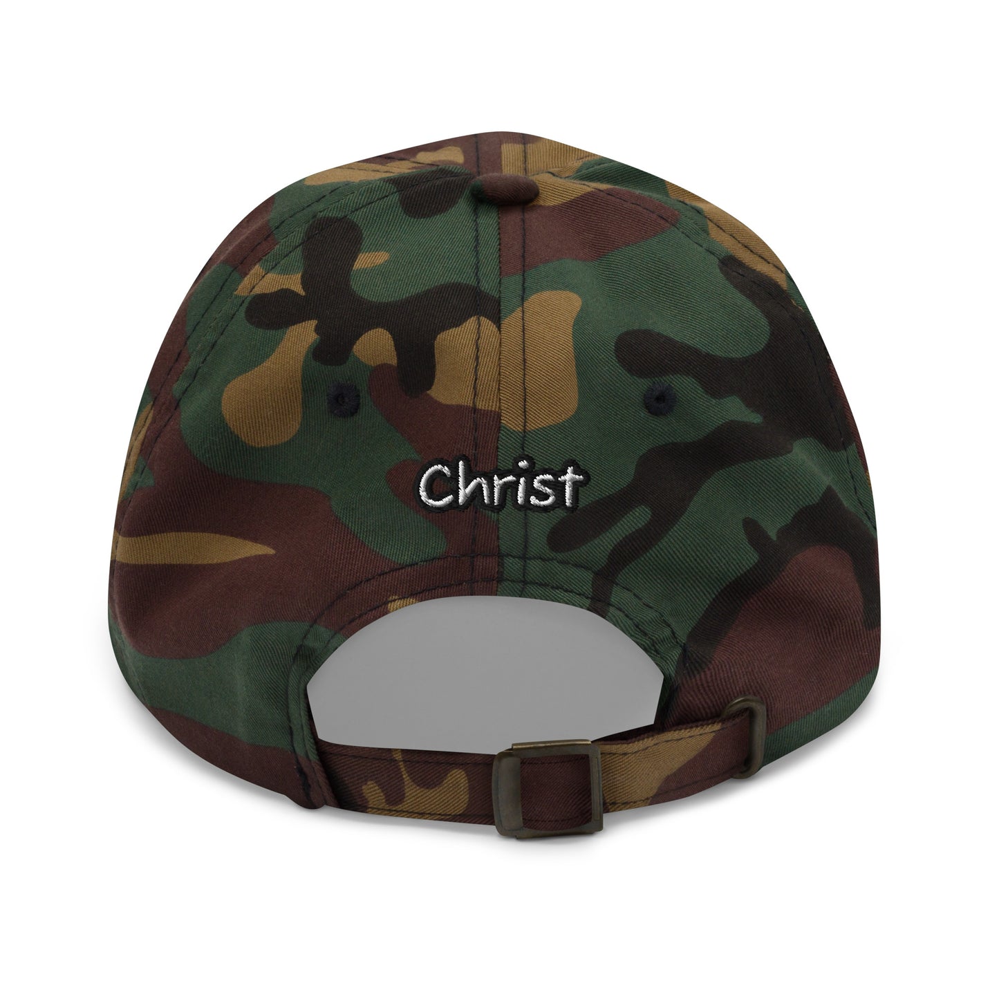Back view of a camo Dad Hat – A Verse a Day Keeps the Devil Away featuring adjustable strap and embroidered word Christ on the back, faith-inspired apparel accessory.