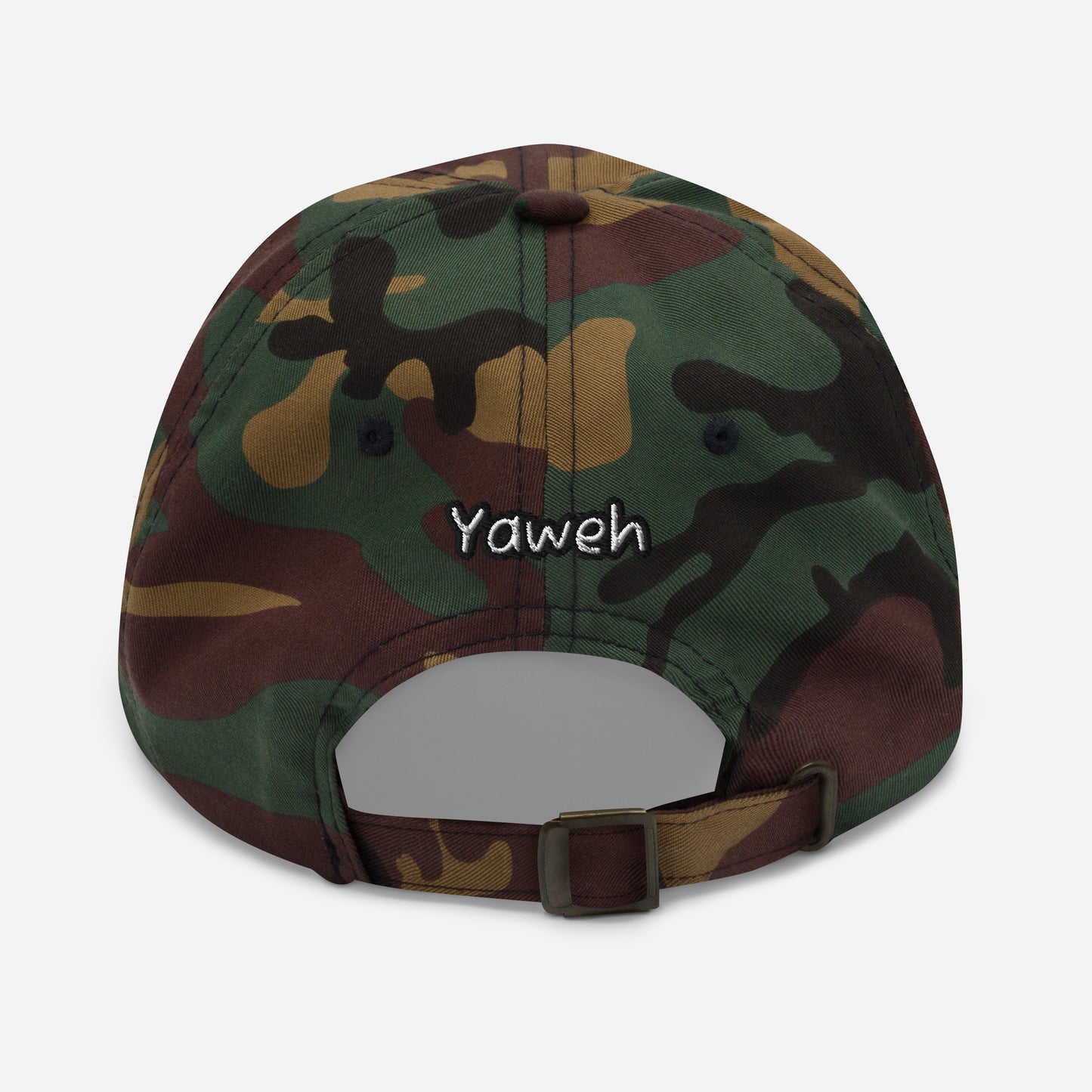 Back view of a camo pattern Dad Hat – Yahweh Every Day with adjustable strap and embroidered "Yahweh" text in white thread.