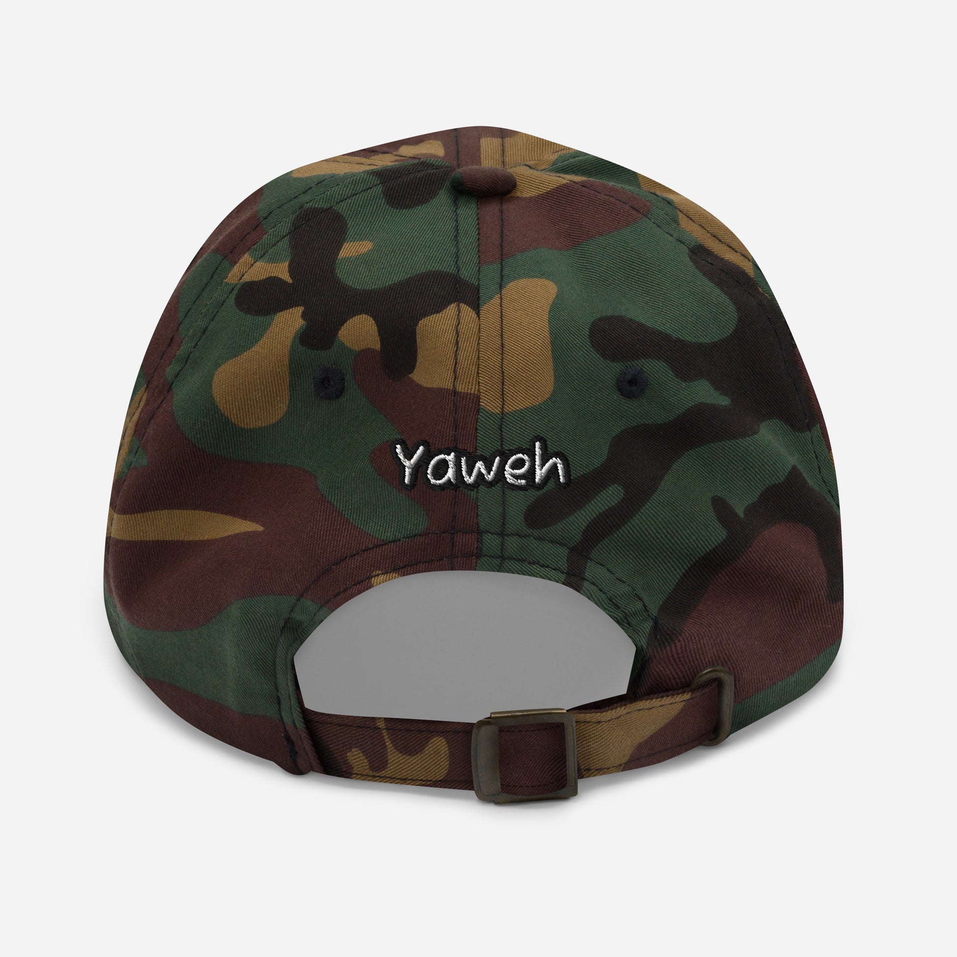 Back view of a camo pattern Dad Hat – Yahweh Every Day with adjustable strap and embroidered "Yahweh" text in white thread.