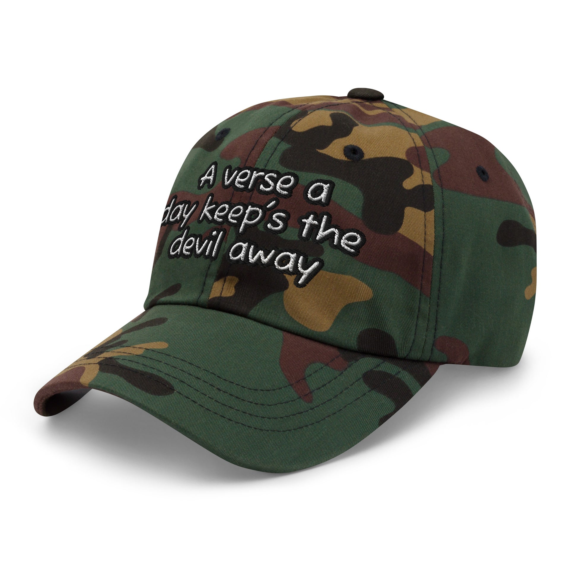 Camouflage pattern dad hat embroidered with the phrase Dad Hat – A Verse a Day Keeps the Devil Away in white lettering on the front panel.