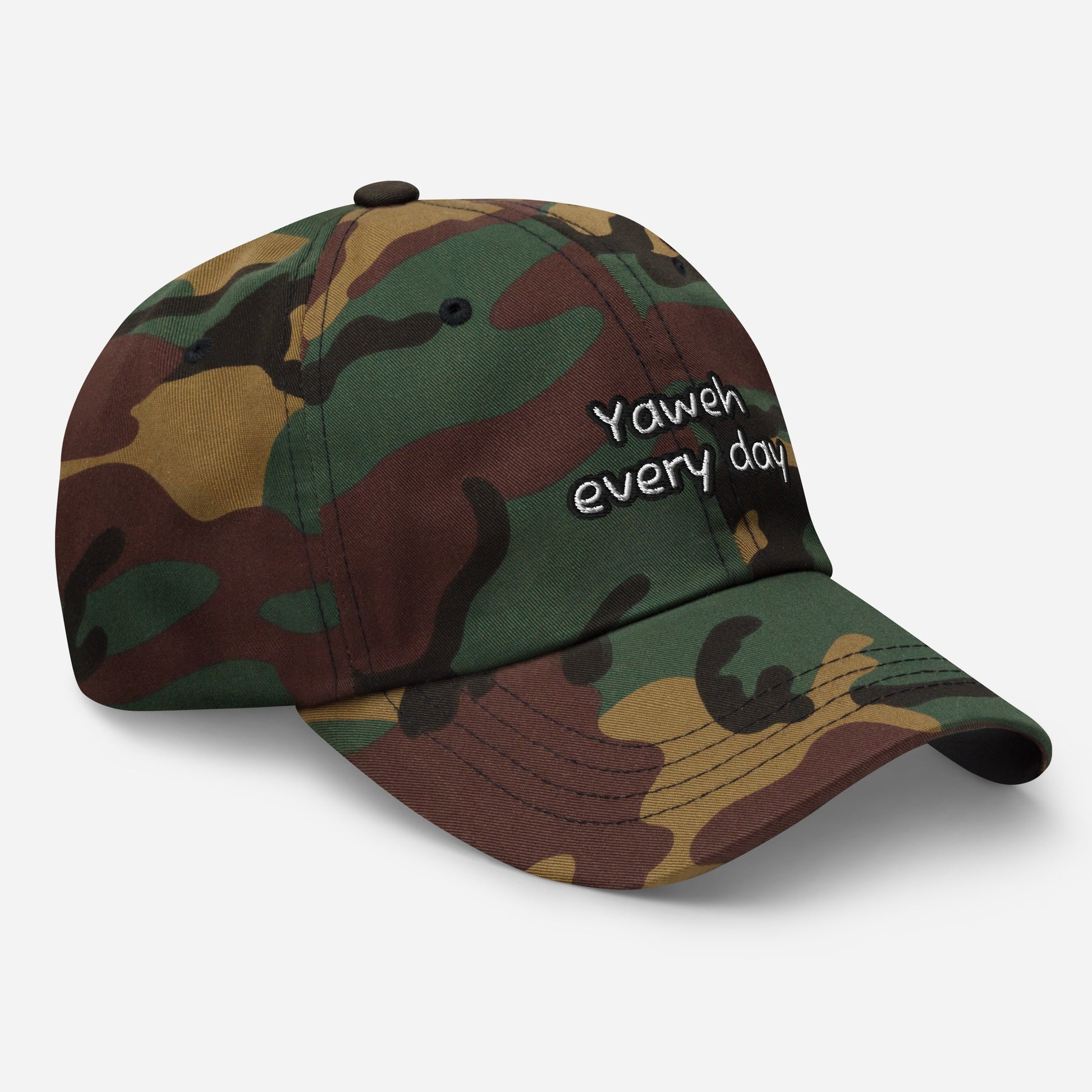 Dad Hat – Yahweh Every Day with classic green and brown camouflage pattern, featuring embroidered faith-inspired text on front, casual adjustable fit, perfect for inspirational apparel.