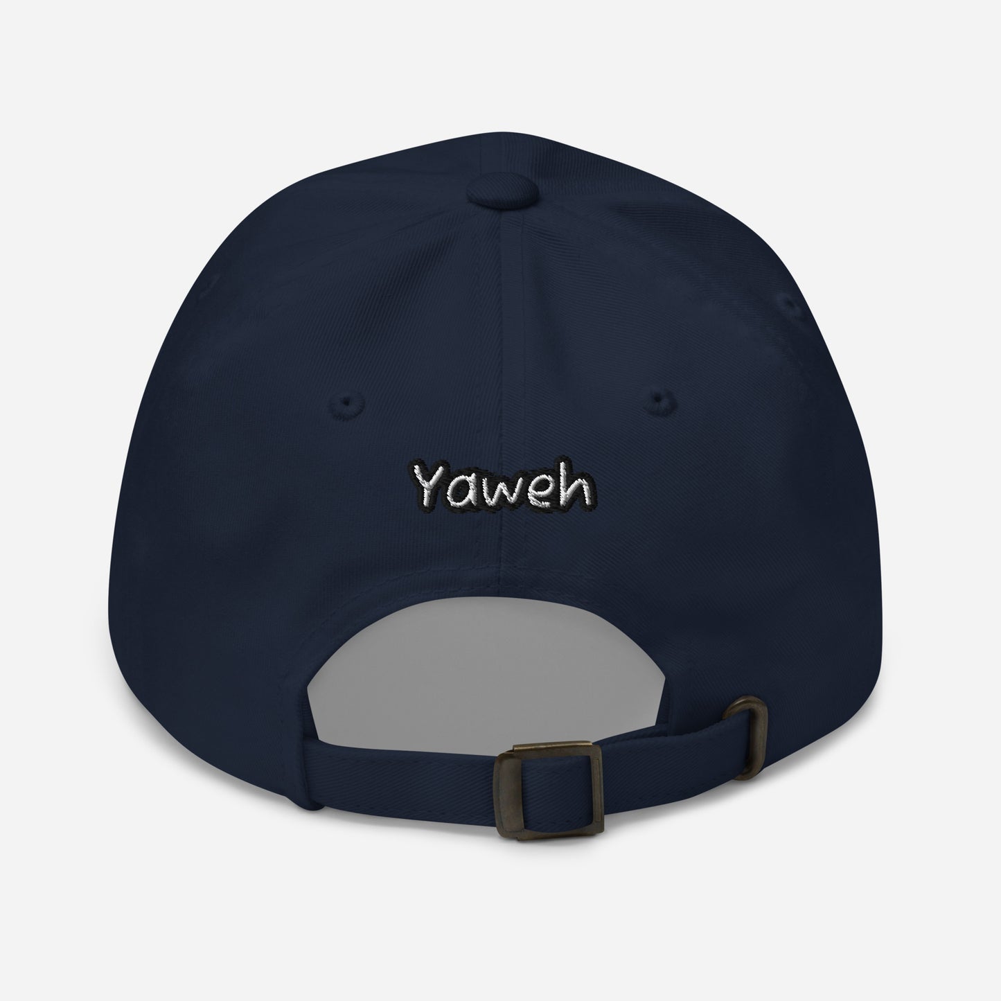 Back view of a navy blue Dad Hat – Yahweh Every Day with adjustable strap and embroidered "Yahweh" text in white thread.