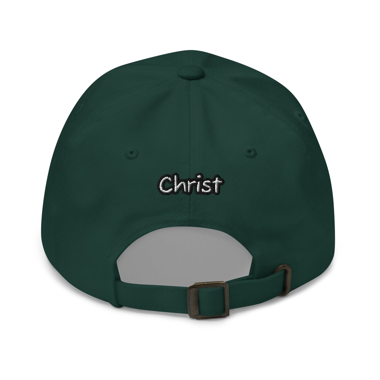 Back view of a deep green Dad Hat – A Verse a Day Keeps the Devil Away with adjustable strap and embroidered word "Christ" above the opening, faith-inspired apparel.